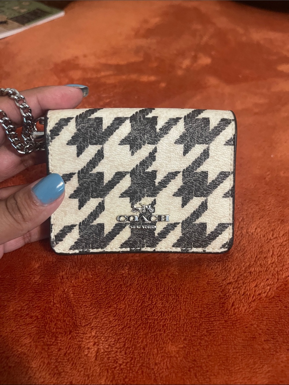 Coach Black & Cream Houndstooth Mini Wallet with Chain